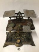 TWO VINTAGE POST OFFICE SCALES, SOME WEIGHTS INCLUDED