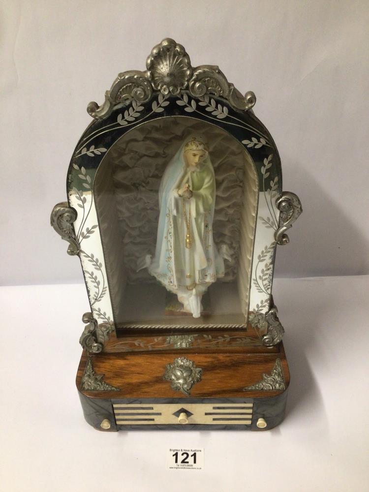 A DOME TOP MUSICAL STAND WITH DRAWER AND A FIGURE OF VIRGIN MARY, 39CM