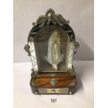 A DOME TOP MUSICAL STAND WITH DRAWER AND A FIGURE OF VIRGIN MARY, 39CM