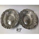 A PAIR OF HALLMARKED SILVER EMBOSSED OVAL BONBON DISHES, 60 GRAMS, 13.5CM