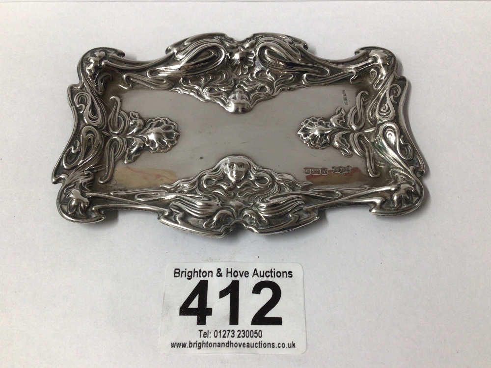 EDWARDIAN HALLMARKED SILVER EMBOSSED ART NOUVEAU RECTANGULAR PIN TRAY 11CM, SHEFFIELD 1902 HENRY