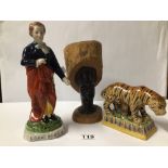 LORD BYRON CERAMIC FIGURE 26CM, WITH A CERAMIC TIGER AND AN AFRICAN HEAD