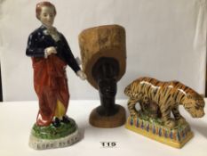 LORD BYRON CERAMIC FIGURE 26CM, WITH A CERAMIC TIGER AND AN AFRICAN HEAD