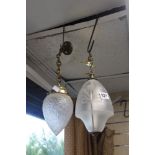 TWO VINTAGE BRASS AND GLASS DROP ETCHED LIGHTS