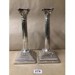 A PAIR OF LARGE HALLMARKED SILVER CORINTHIAN COLUMN CANDLESTICKS ON STEPPED BASES, 30CM BY D.J.