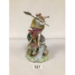 18TH CENTURY DERBY PORCELAIN FIGURE OF NEPTUNE MODELLED IN BILLOWING ROBES ANS STANDING BESIDES A