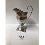 HALLMARKED SILVER HELMET SHAPED PEDESTAL CREAM JUG ON SQUARE BASE, 14CM, CHESTER 1937, 124 GRAMS