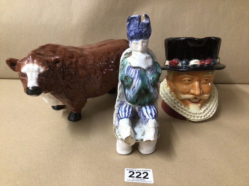 THREE PORCELAIN FIGURES, TWO WITHOUT MARKINGS. LARGE HEREFORD BULL, STAFFORDSHIRE SHORTER - Image 2 of 4