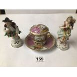 MEISSEN TWIN HANDLED CHOCOLATE CUP WITH COVER AND STAND, PAINTED PANELS OF FIGURES, 11CM. (COVER AND