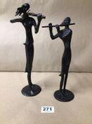 TWO BRONZE MUSICAL FIGURINES, THE LARGEST 30CM