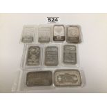 NINE FINE SILVER BARS, JOHNSON MATTHEY, USA, ENGELHARD, SILVER TOWNE, SCOTTSDALE SILVER AND SUNSHINE