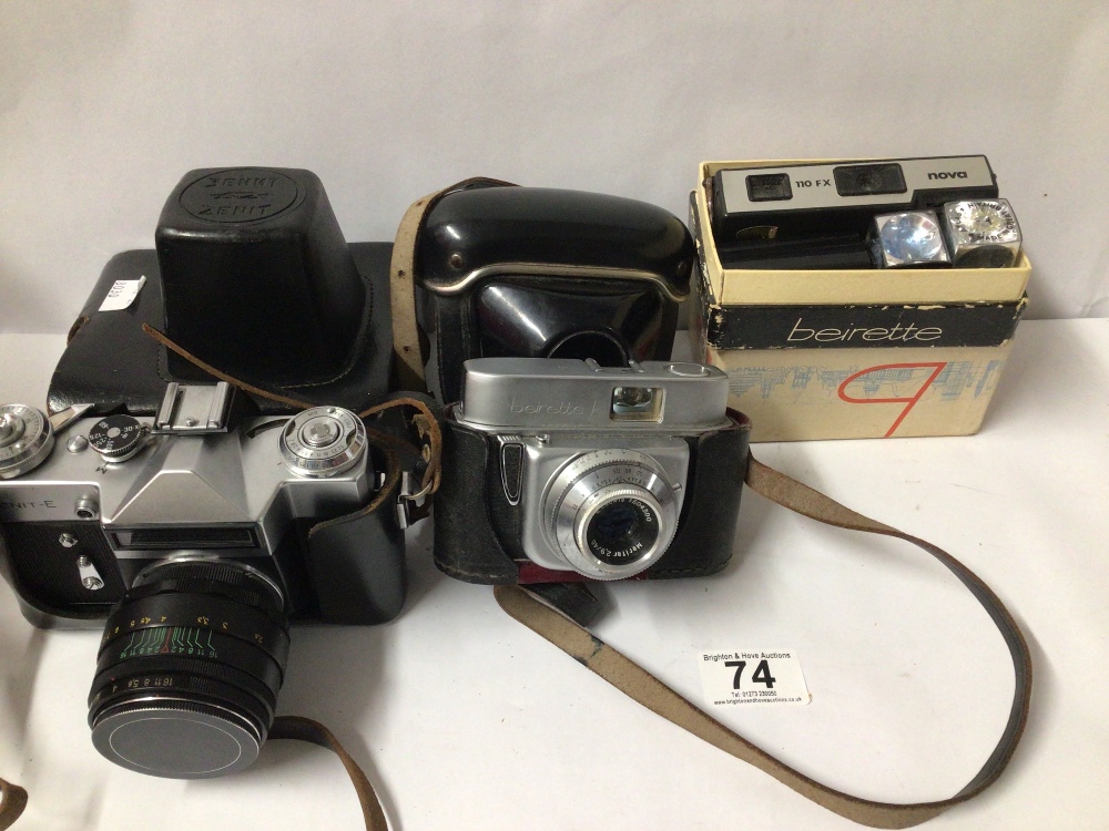 VINTAGE RUSSIAN ZENIT 35M CASED CAMERA WITH A BEIRETTE 35M CAMERA AND A NOVA 110FX