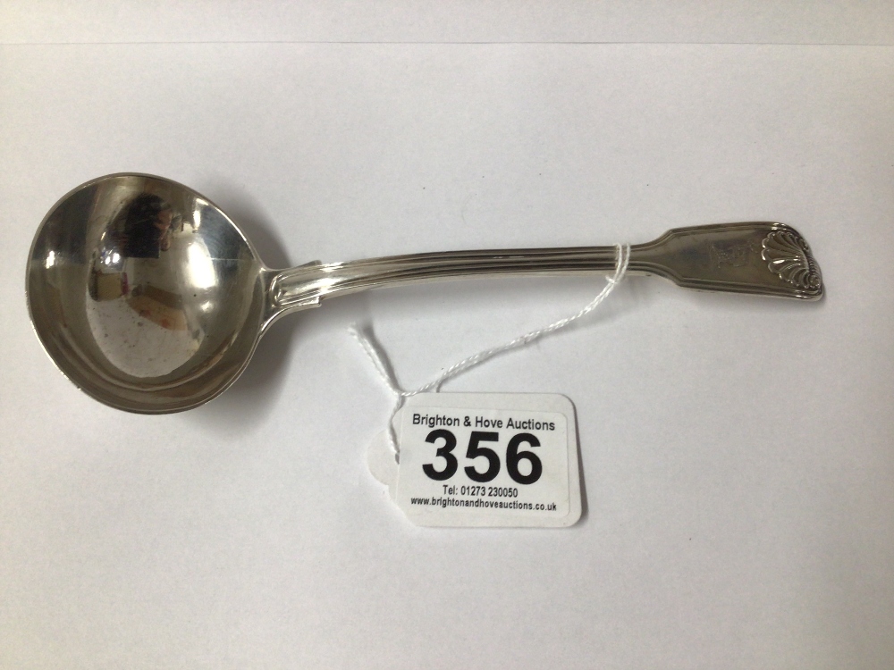 VICTORIAN HALLMARKED SILVER FIDDLE, THREAD, AND SHELL PATTERN SAUCE LADLE 19CM, 1844 BY CHAWNER