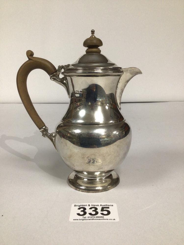 HALLMARKED SILVER WATER POT WITH WOODEN HANDLE AND KNOB BY MAPPIN AND WEBB, LONDON 15.5CM, TOTAL