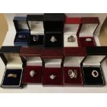 TEN 925 SILVER/WHITE METAL RINGS WITH STONES AND BOXES