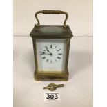 R AND CO FRENCH BRASS CARRIAGE CLOCK, 18CM WITH KEY WORKING ORDER