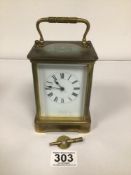 R AND CO FRENCH BRASS CARRIAGE CLOCK, 18CM WITH KEY WORKING ORDER