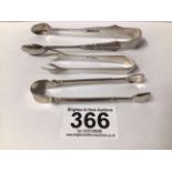 THREE SUGAR TONGS, ONE MARKED 925, TWO HALLMARKED SILVER, VINERS, AND P. ASHBERRY AND SONS, 48