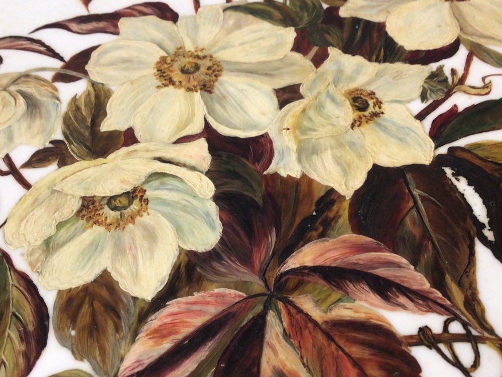 B. MILLER SIGNED FRAMED HAND-PAINTED PORCELAIN PANEL OF FLOWERS. 42CM X 54CM. - Image 5 of 5