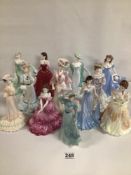 TWELVE COALPORT FIGURINES, MARY, LOUISA AT ASCOT, ELEGANCE BEATRICE AT THE GARDEN PARTY, ROSEMARY,