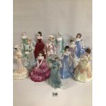 TWELVE COALPORT FIGURINES, MARY, LOUISA AT ASCOT, ELEGANCE BEATRICE AT THE GARDEN PARTY, ROSEMARY,