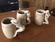 THREE SMALL NUDE HANDLE MUGS BY DOROTHY KINDELL 1940'S, 8CM