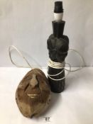VINTAGE CARVED COCONUT WITH AN EBONISED CARVED LAMP
