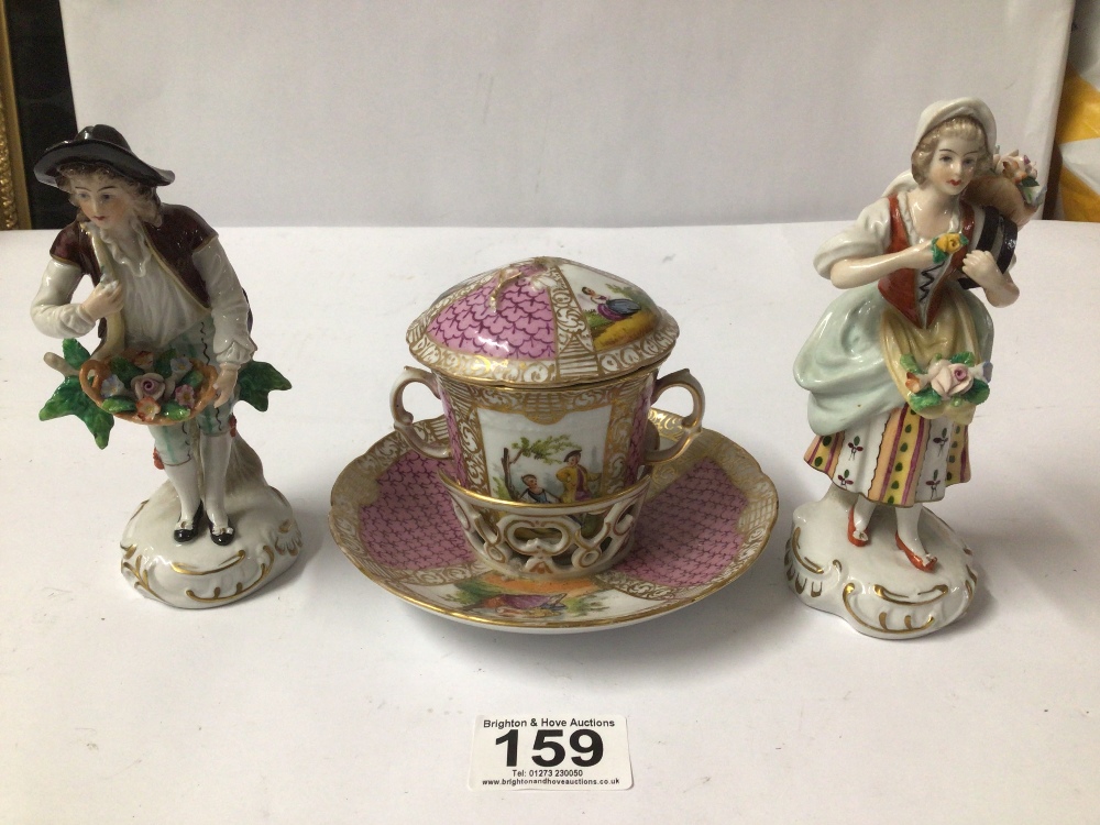 MEISSEN TWIN HANDLED CHOCOLATE CUP WITH COVER AND STAND, PAINTED PANELS OF FIGURES, 11CM. (COVER AND - Image 2 of 5