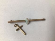 9CT ROSE GOLD AND OPAL BROOCH WITH A 375 GOLD CRUCIFIX