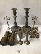 MIXED ITEMS, CANDLESTICKS, W.GREGORY AND CO BINOCULARS A/F AND MORE