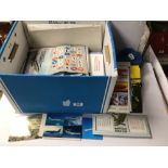 BOX OF MIXED AIRCRAFT EPHEMERA, GULF AIR CALENDAR, PHOTOS, SOCKS, AND MORE