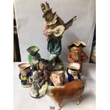 QUANTITY OF TOBY JUGS, MELBA WARE, BURLINGTON WARE, BESWICK BULL A/F, AND MORE