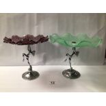 TWO VINTAGE GLASS AND CHROME ART DECO STYLE CAKE STANDS, RUBY RED AND GREEN, 20CM