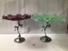 TWO VINTAGE GLASS AND CHROME ART DECO STYLE CAKE STANDS, RUBY RED AND GREEN, 20CM