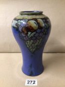 ROYAL DOULTON GLAZED STONEWARE VASE BY FLORRIE JONES DECORATED WITH A BUNCH OF GRAPES, 22CM