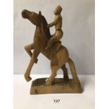 WOODEN CARVED STATUE OF A REARING HORSE AND MAN, 39CM