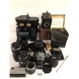 MIXED CAMERAS AND ACCESSORIES WITH CASED BINOCULARS, PENTAX, CARL ZEISS JENA, CONCORDE 10 X 50,