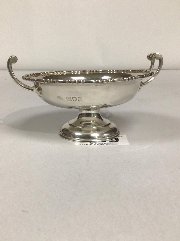 HALLMARKED SILVER TWIN HANDLE PEDESTAL BOWL,12CM DIAMETER, 80 GRAMS - Image 2 of 2