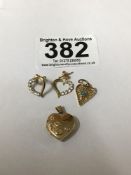 375 GOLD LOVE HEART PENDANT WITH A YELLOW METAL PENDANT, 9CT EARRINGS