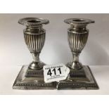 PAIR OF VICTORIAN HALLMARKED SILVER SQUAT CANDLESTICKS ON SQUARE BASES, 11CM SHEFFIELD 1891, TOTAL