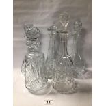 VICTORIAN CUT AND ENGRAVED GLASS DECANTER 36CM WITH FOUR OTHER CUT GLASS DECANTERS