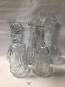 VICTORIAN CUT AND ENGRAVED GLASS DECANTER 36CM WITH FOUR OTHER CUT GLASS DECANTERS