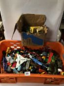 MIXED BOX OF TOYS PLAY WORN, DINKY, CORGIS, AIRFIX AND MORE