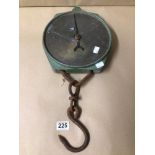 VINTAGE 200 POUND SALTER SCALE NO. 235T, HANGING SPRING BALANCE. WITH BRASS FACE. 25CM X 54CM.