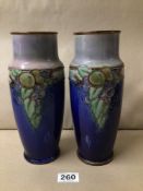 PAIR OF ROYAL DOULTON GLAZED STONE WARE TUBE LINED VASES BY WINNIE BOWSTEAD DECORATED BUNCH OF