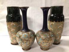 TWO PAIRS OF ROYAL DOULTON GLAZED STONEWARE VASES, 26CM HEIGHT. (ONE PAIR RESTORED).