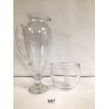 LARGE ART GLASS JUG BY ROBIN SMITH AND JEFF WALKER WITH A SIGNED ETCHED GLASS VASE