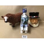 THREE PORCELAIN FIGURES, TWO WITHOUT MARKINGS. LARGE HEREFORD BULL, STAFFORDSHIRE SHORTER