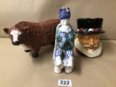 THREE PORCELAIN FIGURES, TWO WITHOUT MARKINGS. LARGE HEREFORD BULL, STAFFORDSHIRE SHORTER