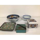 MIXED PIECES OF ORIENTAL ITEMS AND MORE, PORCELAIN, WOOD, AND METAL BOX